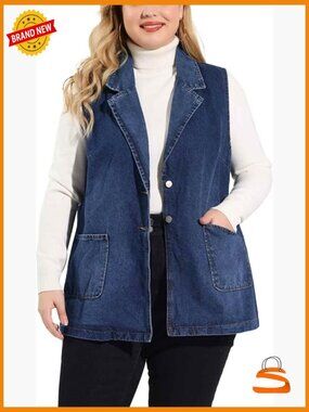 Plus Size Denim Vest Sleeveless Button Down Long Jean Jacket Tunic